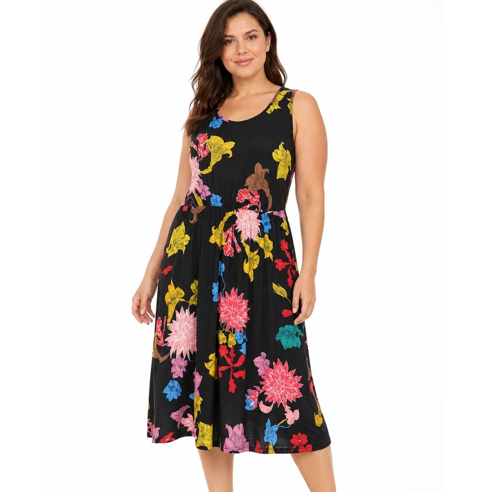 OURS Women's L Black Multicolor Floral Sleeveless A-Line Midi Dress NWT